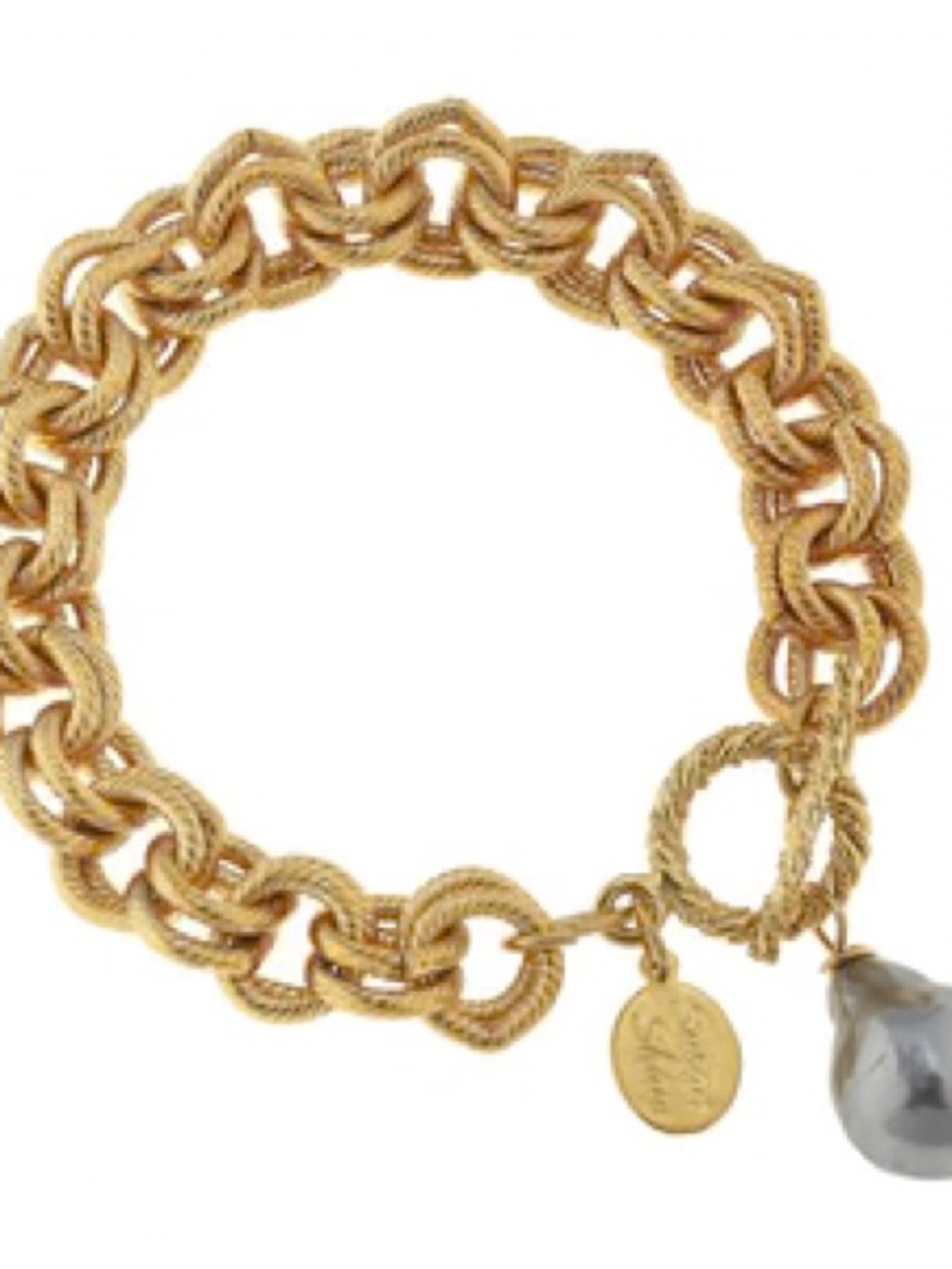 Gold Link Charm Bracelet with Gray Pearl Accent